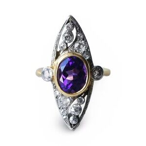 Belle Epoque Diamond & Amethyst Navette Gold Ring ~ Lots of Old World Charm!!